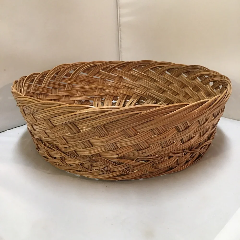 Woven Wicker Basket Unisex 12 Inch Brown Round Decorative Bowl Cottagecore